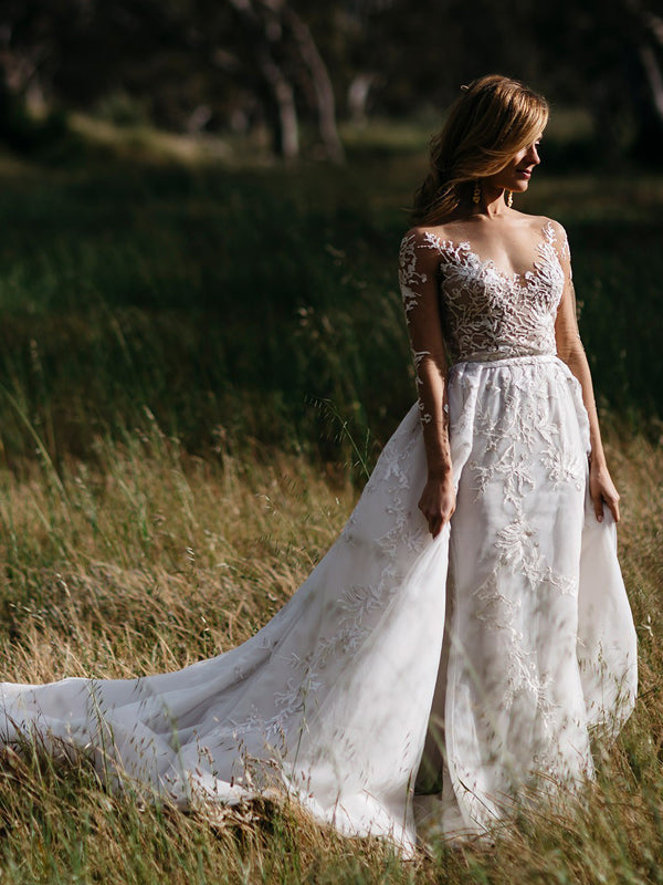 Long Sleeve Illusion lace Top Detachable Overskirt Wedding Dresses, AB AlineBridal Long Sleeve Illusion lace Top Detachable Overskirt Wedding Dresses, AB AlineBridal