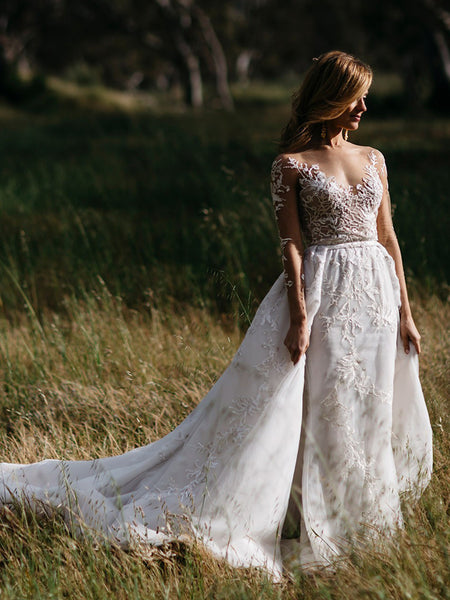Long Sleeve Illusion lace Top Detachable Overskirt Wedding Dresses, AB AlineBridal Long Sleeve Illusion lace Top Detachable Overskirt Wedding Dresses, AB AlineBridal