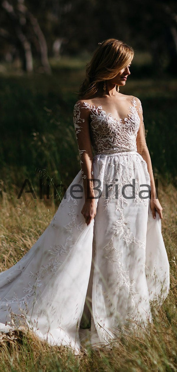 Long Sleeve Illusion lace Top Detachable Overskirt Wedding Dresses, AB AlineBridal Long Sleeve Illusion lace Top Detachable Overskirt Wedding Dresses, AB AlineBridal