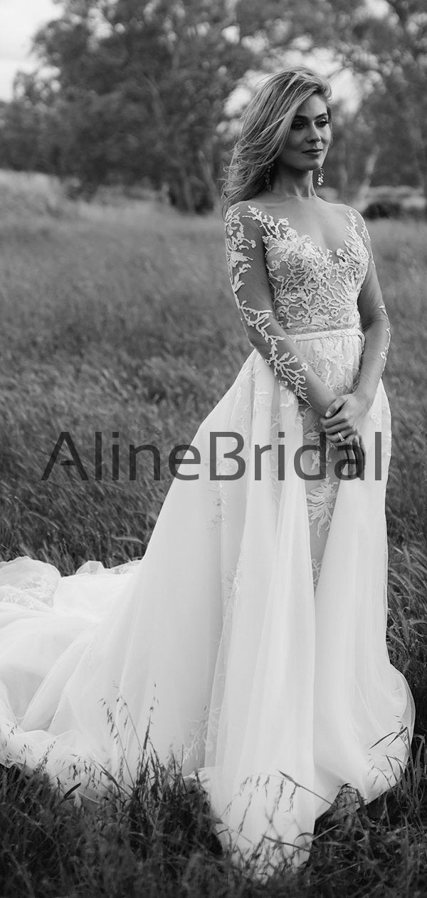 Long Sleeve Illusion lace Top Detachable Overskirt Wedding Dresses, AB AlineBridal Long Sleeve Illusion lace Top Detachable Overskirt Wedding Dresses, AB AlineBridal