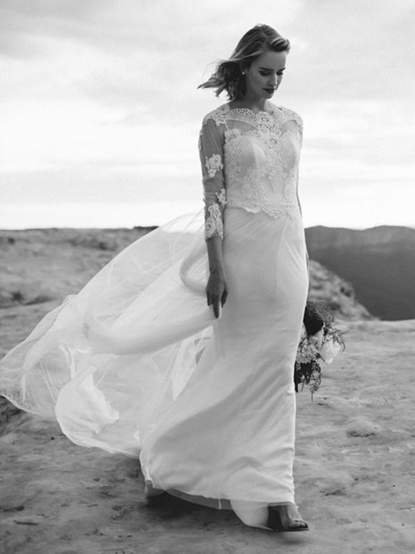 Long Sleeve Lace Tulle Sheath Illusion Charming Wedding Dresses, AB1566
