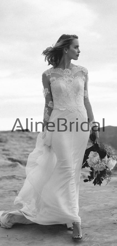 Long Sleeve Lace Tulle Sheath Illusion Charming Wedding Dresses, AB1566