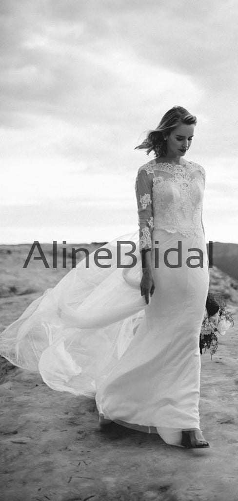 Long Sleeve Lace Tulle Sheath Illusion Charming Wedding Dresses, AB1566