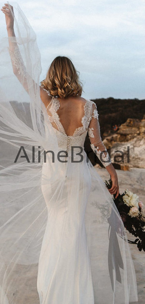 Long Sleeve Lace Tulle Sheath Illusion Charming Wedding Dresses, AB1566