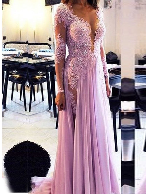 Long Sleeve Lilac Lace Sexy V-neck Evening Party Prom Dresses Online,PD0199