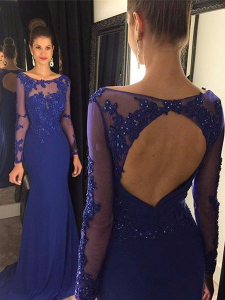 Long Sleeve Royal Blue Open Back Round Neck Appliques Charming Evening Prom Dress PD0203