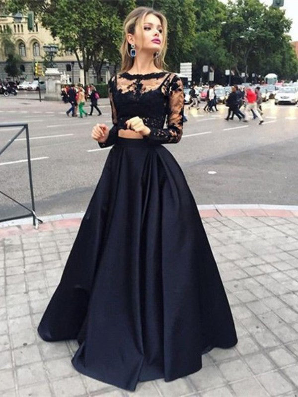 Sexy Long Sleeve Black and White Side-slit Two Pieces Long Prom Dress, –  AlineBridal