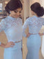 Long Sleeve Two Pieces Blue High Neck Evening Party Prom Dress,PD0074