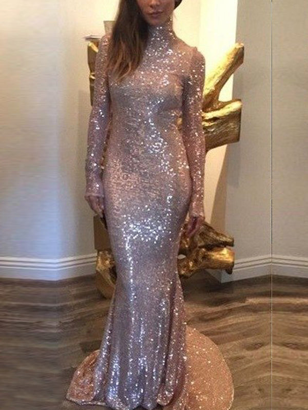 Long Sleeves Sequined High Neck Open Back Sparkly Mermaid Party Prom Dresses Online,PD0174