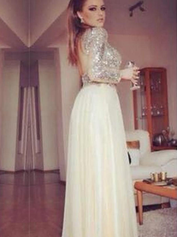Long Sleeves Sequined Open Back Cocktail Glitter Unique Style Evening Prom Dress,PD0172