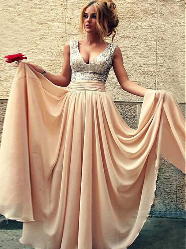 Long Sparkly V-neck Sleeveless Charming A-line Floor Length Evening Party Prom Dress,PD0080