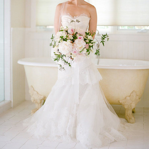 Long Tiered Lace Mermaid Strapless Vintage Charming Wedding Dresses, A – AlineBridal Long Tiered Lace Mermaid Strapless Vintage Charming Wedding Dresses, A – AlineBridal