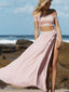 Long Two Pieces Off Shoulder Side Slit Sexy A-line Pink Prom Dress,PD0050