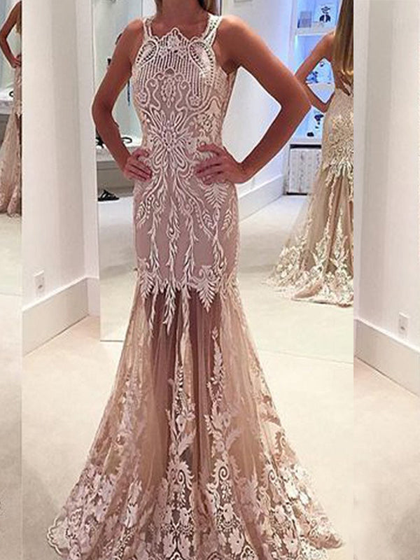Long Vintage Lace See Through Sleeveless Unique Mermaid Prom Dresses.A AlineBridal Long Vintage Lace See Through Sleeveless Unique Mermaid Prom Dresses.A AlineBridal