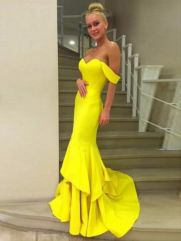 yellow off the shoulder dress Long Yellow Mermaid Off Shoulder Sweetheart Evening Prom Dresses,PD016 – AlineBridal