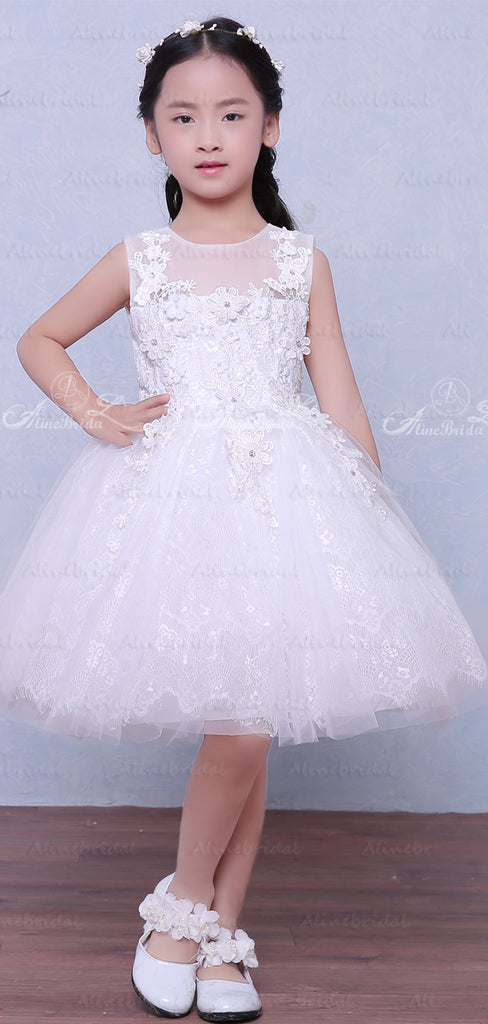 Lovely Lace White Tulle Handmade Applique Sleeveless Flower Girl Dresses, FGS026