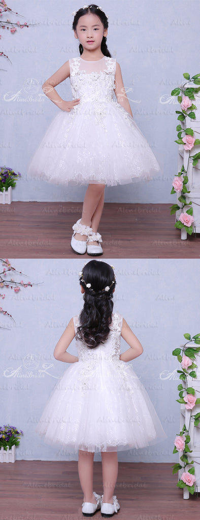 Lovely Lace White Tulle Handmade Applique Sleeveless Flower Girl Dress ...