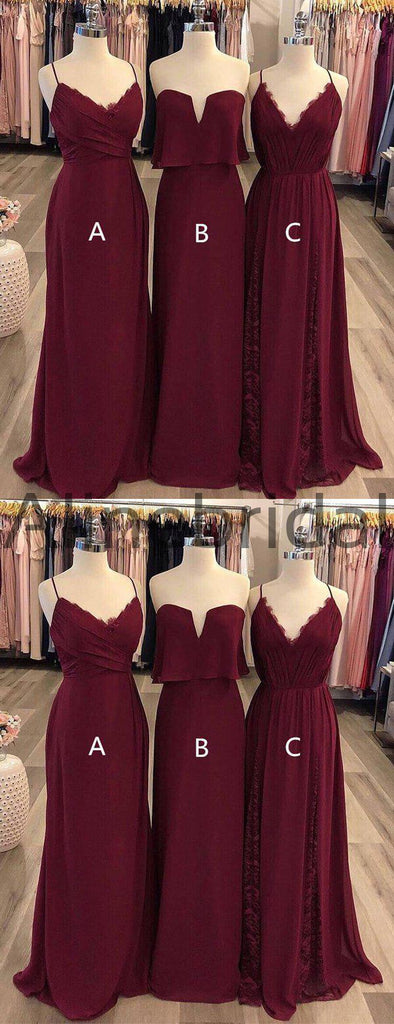 Maroon Chiffon Mismatched Simple Long Bridesmaid Dresses , AB4117