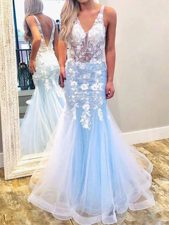 Ethereal Floral Blue Mermaid Long Tulle Prom Dresses, PD1051