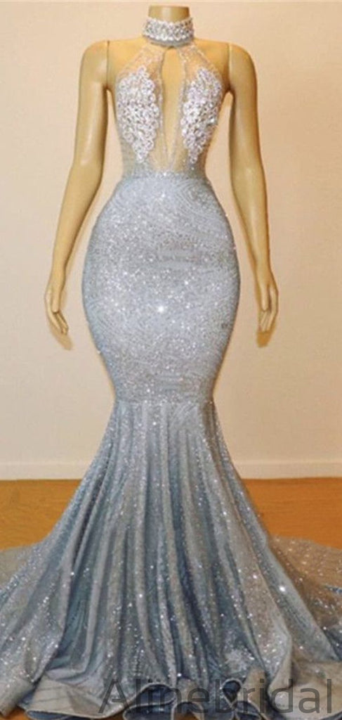 Mermaid Silver Halter Sleeveless Open Back Formal Prom PD1048