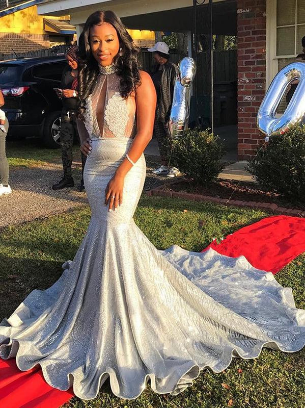 Mermaid Silver Halter Sleeveless Open Back Formal Prom PD1048 AlineBridal Mermaid Silver Halter Sleeveless Open Back Formal Prom PD1048 AlineBridal