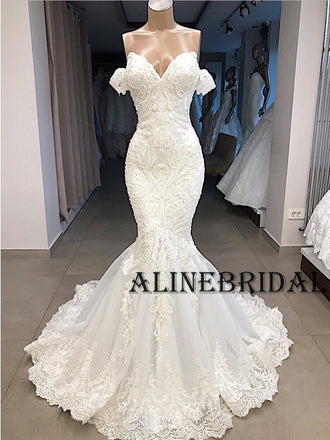 RomanticOff the Shoulder Mermaid  Lace Wedding Dresses with Train, WD1206