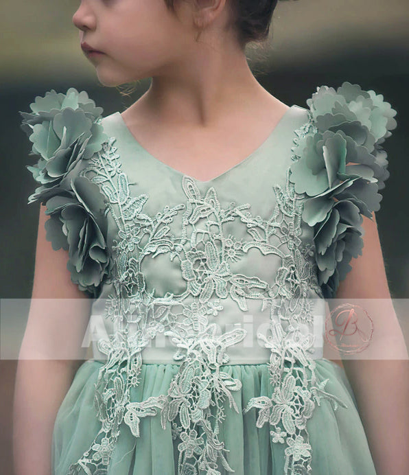 Mint Green Appliques Tulle Pretty Sleeveless Short Flower Girl Dresses AlineBridal Mint Green Appliques Tulle Pretty Sleeveless Short Flower Girl Dresses AlineBridal