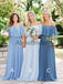 Mismatched Blue Chiffon Off Shoulder Boho Wedding Bridesmaid Dresses, AB4087