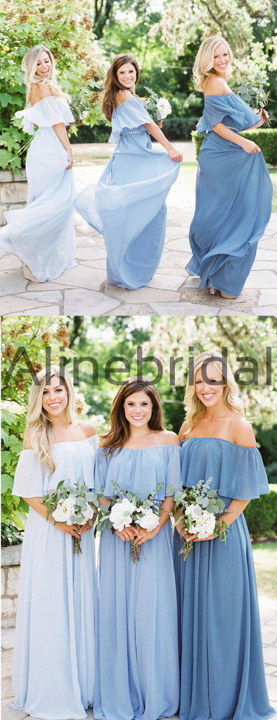 Mismatched Blue Chiffon Off Shoulder Boho Wedding Bridesmaid Dresses, AB4087