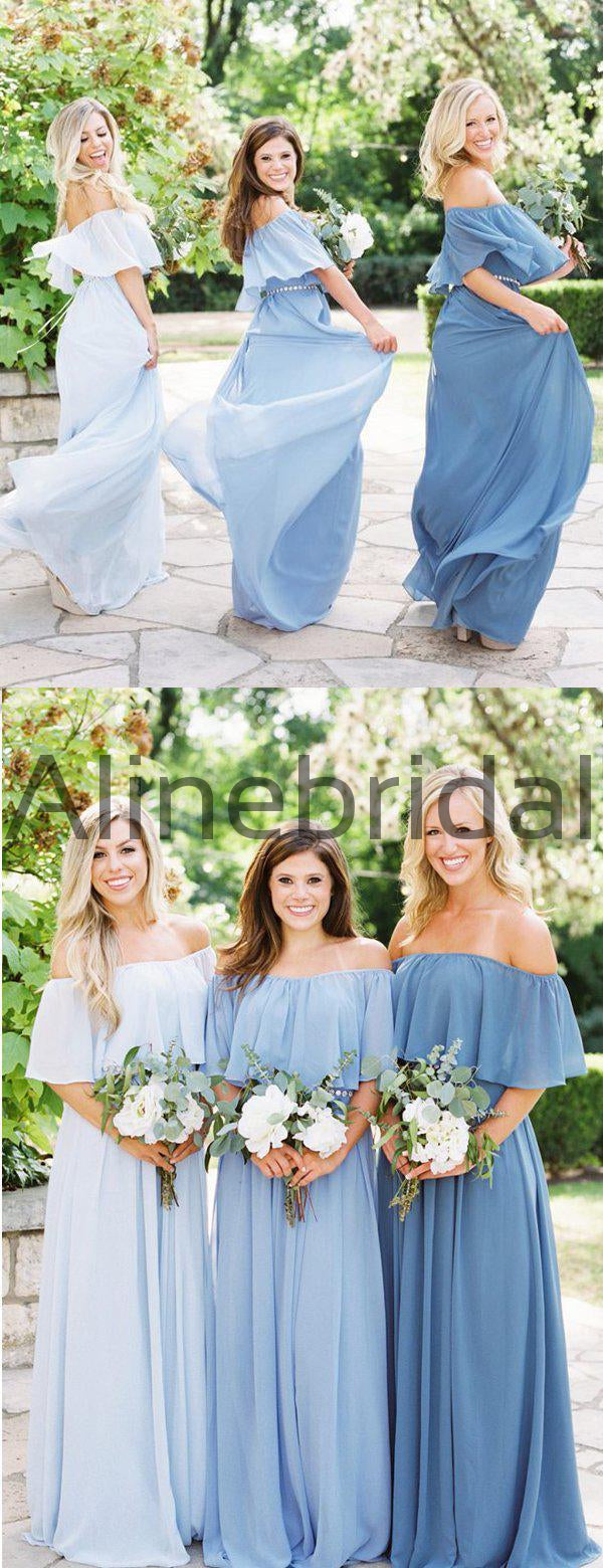 Mismatched Blue Chiffon Off Shoulder Boho Wedding Bridesmaid