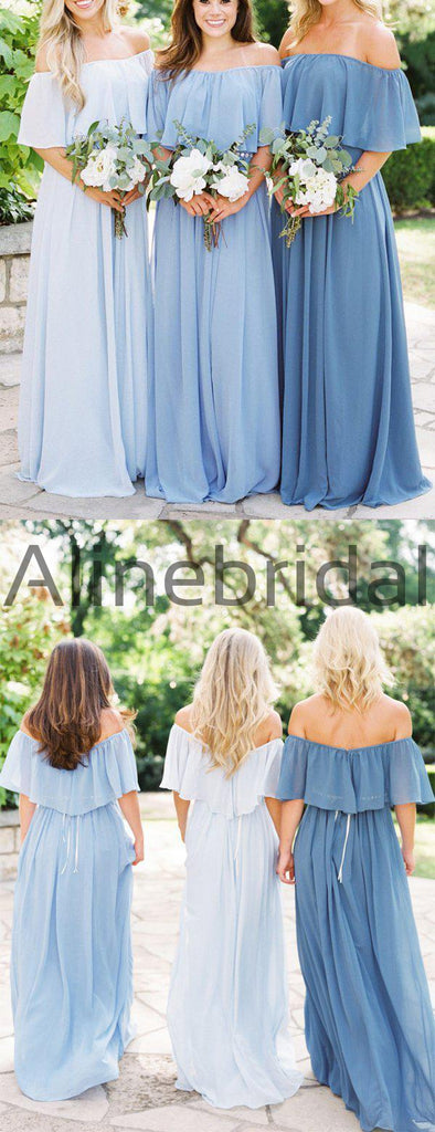 Mismatched Blue Chiffon Off Shoulder Boho Wedding Bridesmaid Dresses, AB4087