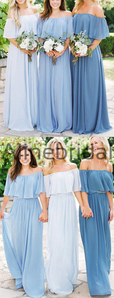 Mismatched Blue Chiffon Off Shoulder Boho Wedding Bridesmaid Dresses, AB4087