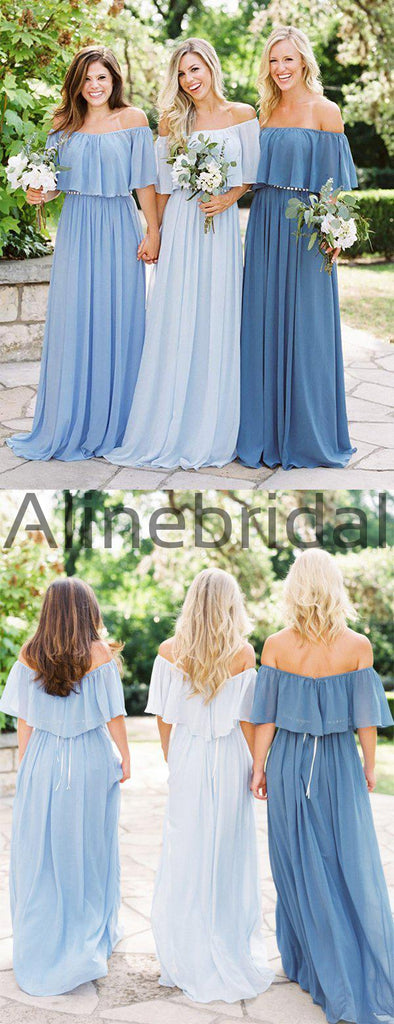 Mismatched Blue Chiffon Off Shoulder Boho Wedding Bridesmaid Dresses, AB4087