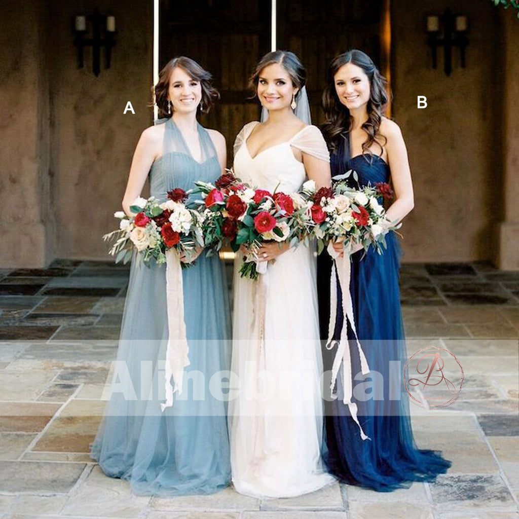 Mismatched Blue Tulle Sweetheart Long A-line Bridesmaid Dresses , AB1225