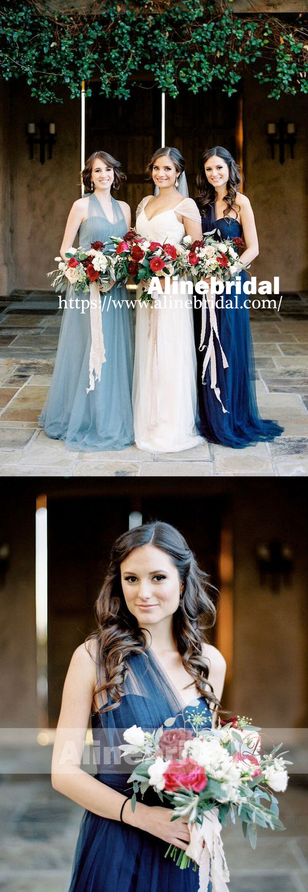 Mismatched Blue Tulle Sweetheart Long A-line Bridesmaid Dresses , AB12   AlineBridal