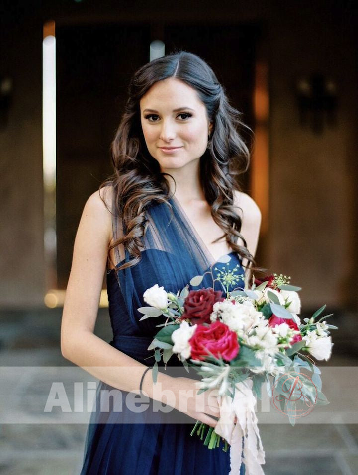 Mismatched Blue Tulle Sweetheart Long A-line Bridesmaid Dresses , AB1225
