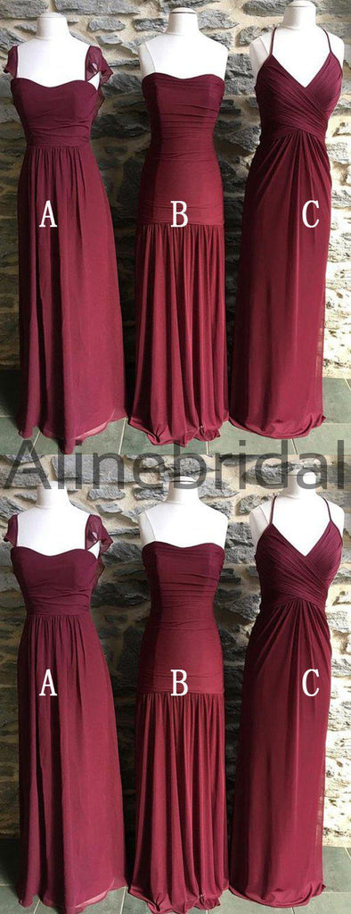 Mismatched Burgundy Chiffon Elegant Long Bridesmaid Dresses, AB4116
