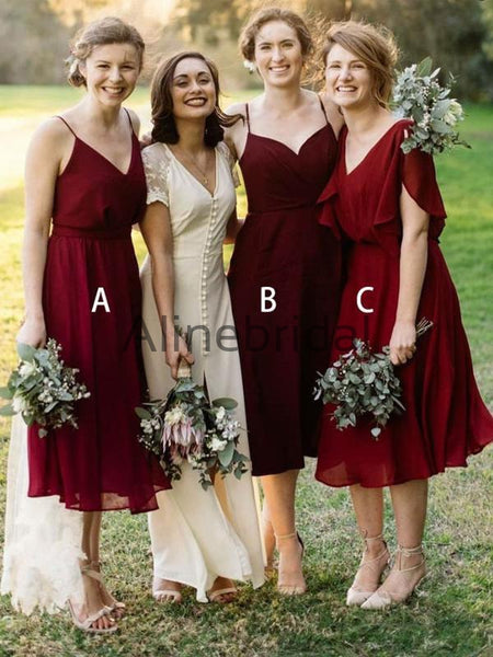 Mismatched Burgundy Chiffon Knee Length Bridesmaid Dresses, AB4115 – AlineBridal