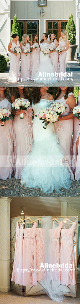 Mismatched Pink Chiffon With Unique Ruffles Split Bridesmaid Dresses , AB1223