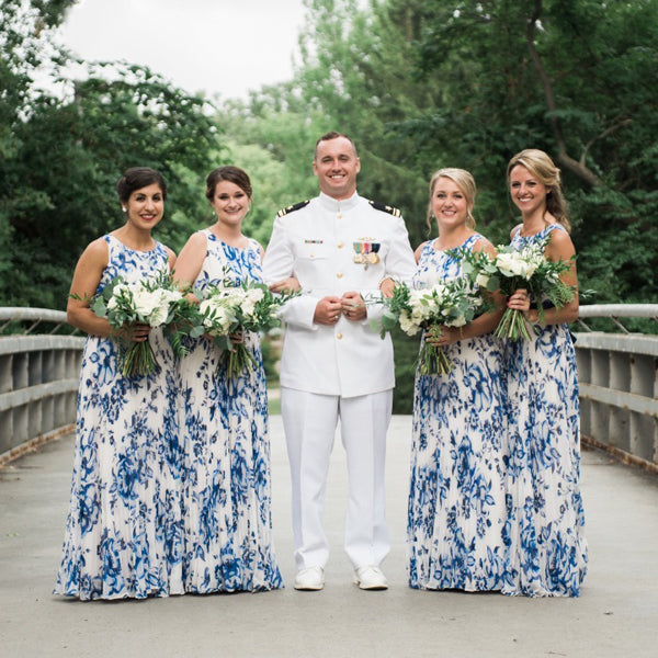 Navy Blue Floral Prints Round Neck Sleeveless Long Bridesmaid Dresses – AlineBridal