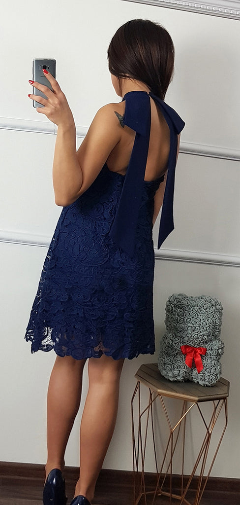 Navy Blue Lace Halter Sheath Knee Length Homecoming Dresses ,HD0060