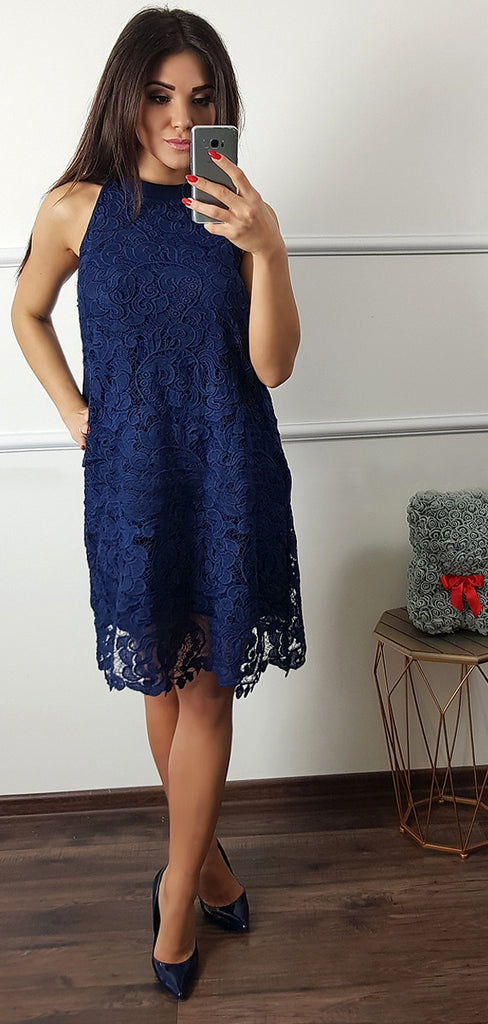 Navy Blue Lace Halter Sheath Knee Length Homecoming Dresses ,HD0060