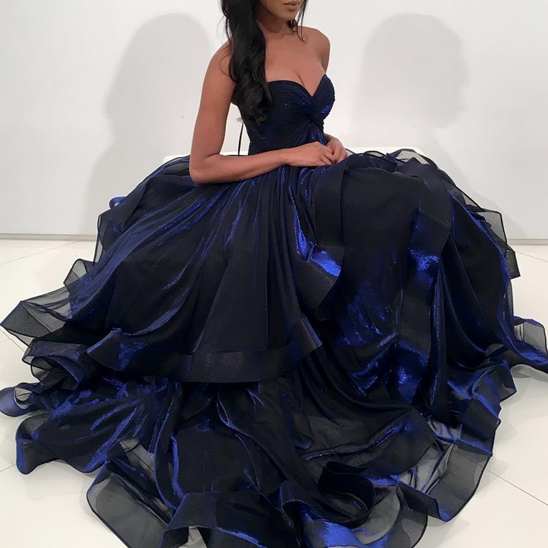 Navy Blue Organza Sweetheart Strapless Ball Gown Prom Gown Dresses ,PD00080