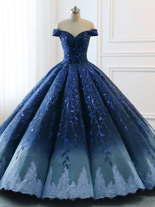 Navy Lace Applique Off Shoulder Ball Gown Princess Prom Dresses PD001 AlineBridal
