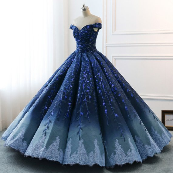 Navy Lace Applique Off Shoulder Ball Gown Princess Prom Dresses ,PD00137