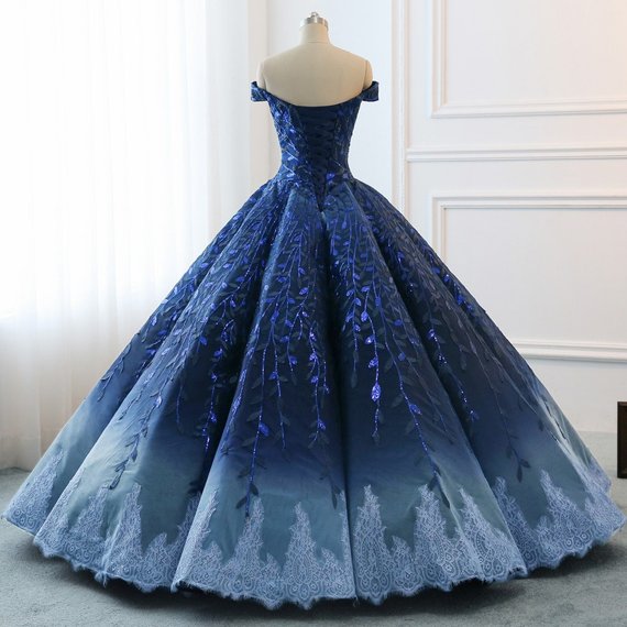 Navy Lace Applique Off Shoulder Ball Gown Princess Prom Dresses PD001 AlineBridal