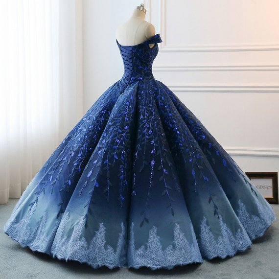 Navy Blue Off the Shoulder Long Sleeves A-line Applique Prom Dress Eve –  DaintyBridal