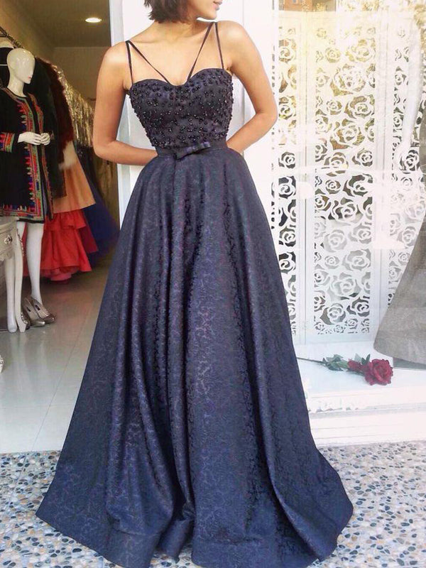 Navy Lace Beading Spaghetti Strap A-line Formal Prom Dresses,PD00189
