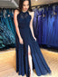 Navy Lace Chiffon Sleeveless Open Back Simple Prom Dresses,PD00371