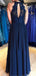 Navy Lace Chiffon Sleeveless Open Back Simple Prom Dresses,PD00371